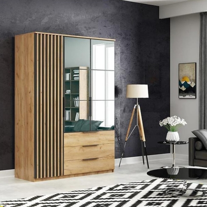 Szafa Sorento z lamelami 150x215 dąb craft czarne wstawki aranż.jpg