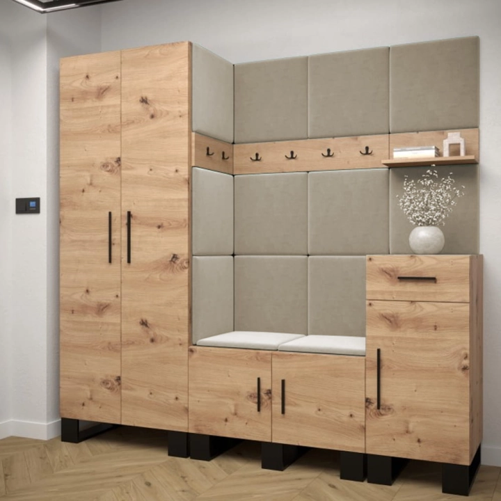 Panele ścienne tapicerowane welur kremowy 30x30 cm przedpokój.jpg