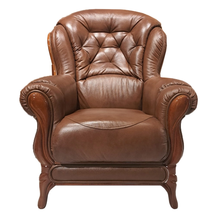 KevoLuxury Fotel skórzany pikowany drewno elegancki styl angielski front.jpg