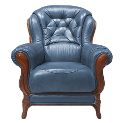 Elegancki fotel skórzany wypoczynkowy pikowany KevoLuxury 88 cm granatowa skóra / drewno brązowe