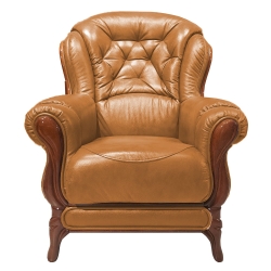 Elegancki fotel skórzany wypoczynkowy pikowany KevoLuxury 88 cm jasny brąz skóra / drewno brązowe