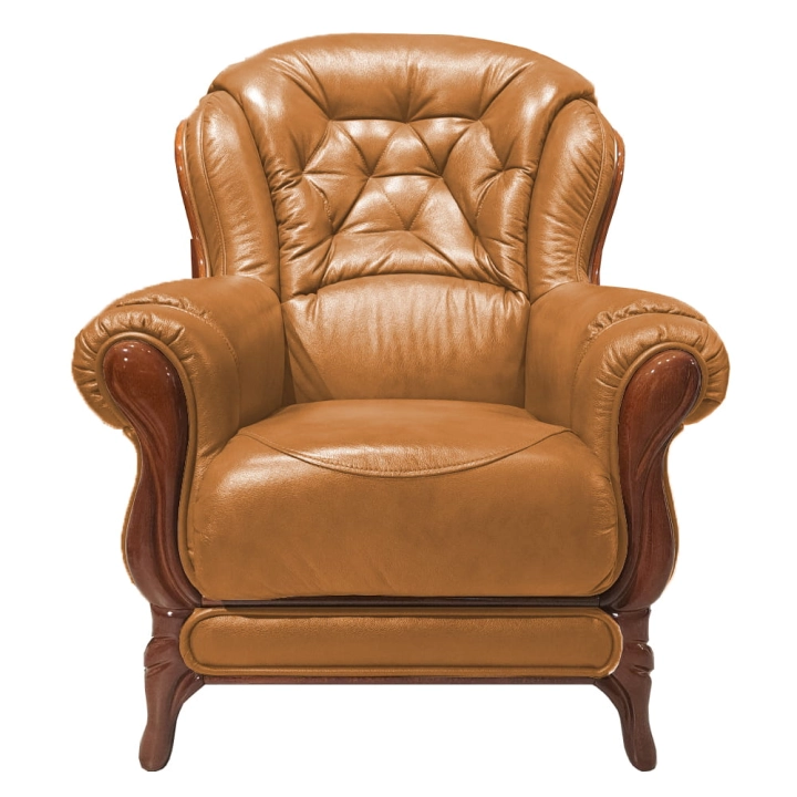 KevoLuxury Fotel skórzany pikowany drewno elegancki styl angielski a-250 front.jpg