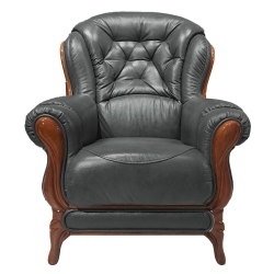 Elegancki fotel skórzany wypoczynkowy pikowany KevoLuxury 88 cm czarna skóra / drewno brązowe