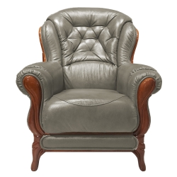 Elegancki fotel skórzany wypoczynkowy pikowany KevoLuxury 88 cm szara skóra / drewno brązowe