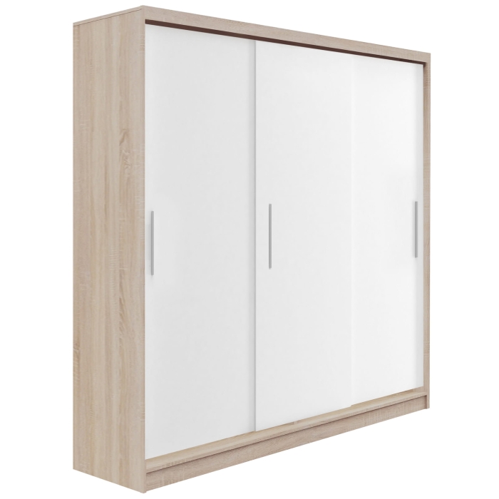 Szafa białą przesuwna z modyfikacją frontu szeroka trzydrzwiowa fasty srebrny uchwyt biała biel alpejska korpus dąb sonoma.jpg