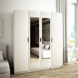 Szafa AGATA 11 czterodrzwiowa głęboka 200x210x58 cm biała z dwoma lustrami, czarne uchwyty (kompletna)