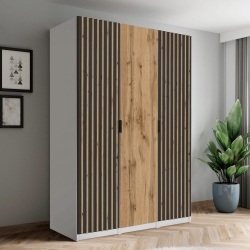 Szafa AGATA 13 trzydrzwiowa loftowa z lamelami głęboka 150x210x58 cm biała, dąb craft, czarne lamele, uchwyty czarne (kompletna)