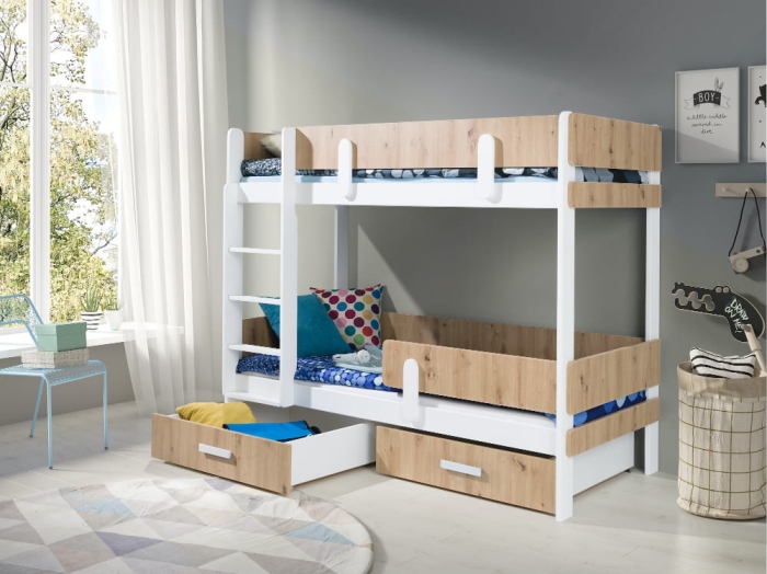 Łóżko 2 osobowe piętrowe 188x93x156cm MDETT biały akryl/dąb artisan