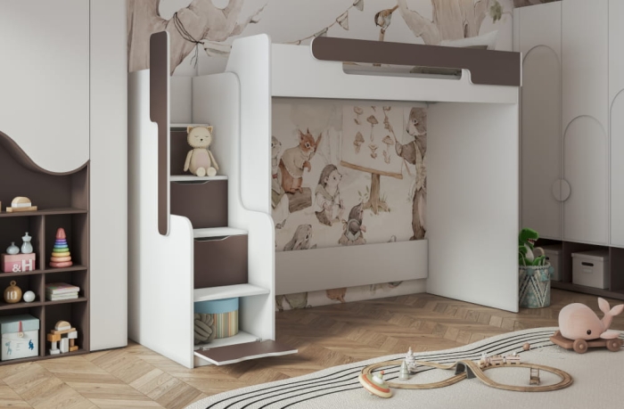 Łóżko 1 osobowe piętrowe 259x104x187cm biały/ grafit