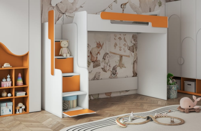 Łóżko 1 osobowe piętrowe 259x104x187cm biały/ pomarańczowy