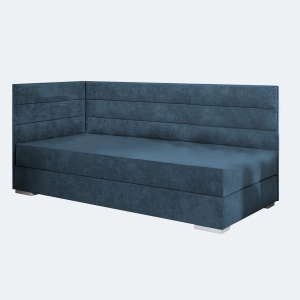 Łóżko młodzieżowe tapicerowane MOFFAT 3 206x95 cm tapczan z zagłówkiem i pojemnikiem na pościel niebieski