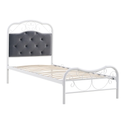 Łóżko metalowe tapicerowane HOFFY 90x200 cm ze stelażem, rama biała, tapicerka szara