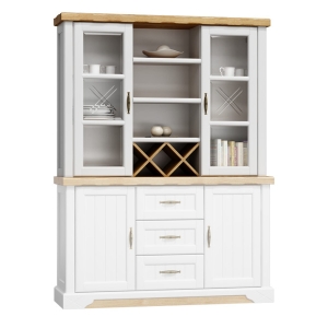 Kredens prowansalski OLMO 002 z witrynami i szufladami biała, dąb naturalny