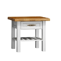 Stolik OLMO 20 z szufladą białe nogi blat dąb naturalny rozłożony aranzacja.jpg