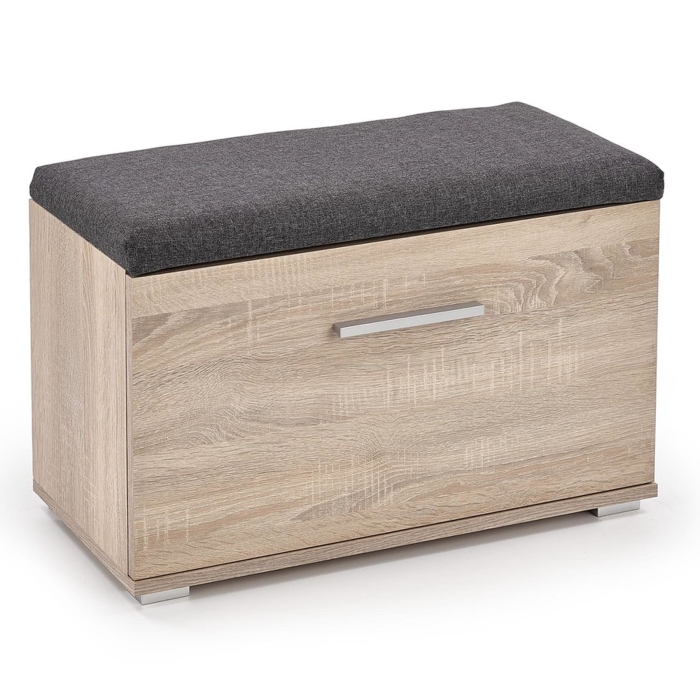 Szafka na buty Halina z siedziskiem tapicerowanym dąb sonoma szare siedzisko.jpg