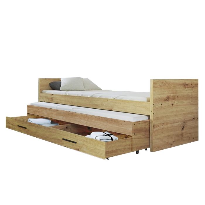 Łóżko modułowe HAVEN +1 dąb artisan - dąb artisan podwójny materac + pojemnik na pościel BIAŁY rozłożony.jpg