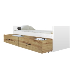Łóżko młodzieżowe HAVEN 2 ze stelażem  i dwiema szufladami 213x95 cm  białe / dąb artisan