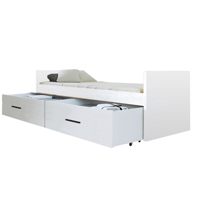 Łóżko modułowe HAVEN 2 białe, dwie szerokie szuflady skos otwarte białe.jpg