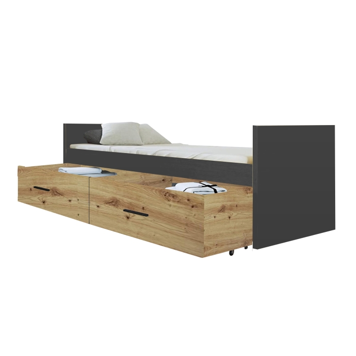 Łóżko modułowe HAVEN 2 antracyt, dwie szerokie szuflady skos otwarte dąb artisan.jpg