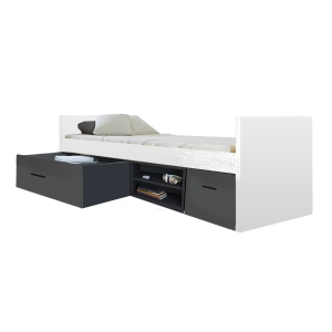 Łóżko młodzieżowe HAVEN 3 ze stelażem, dwiema szufladami i regałem 95x213 cm białe / antracyt 