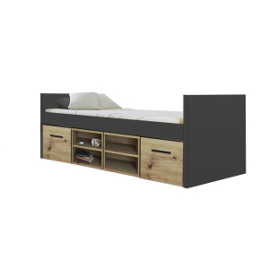 Łóżko młodzieżowe HAVEN 4 ze stelażem, dwiema szufladami i dwoma regałami 95x213 cm antracyt / dąb artisan