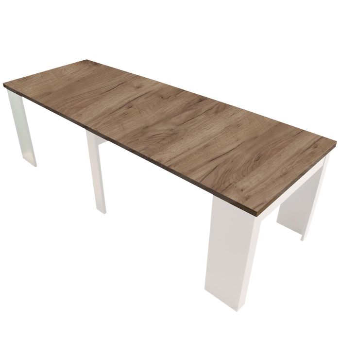 Stół, konsola rozkładana 50-250 cm blat dąb craft tobacco nogi białe rozłożona konsolka skos.jpg