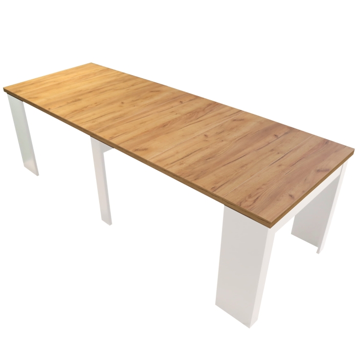 Stół, konsola rozkładana 50-250 cm blat dąb craft złoty nogi białe złożona konsolka rozłożony skos.jpg