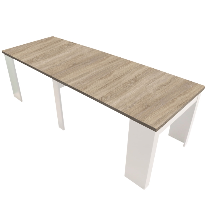 Stół, konsola rozkładana 50-250 cm blat dąb vintage złoty nogi białe rozłożona konsolka skos.jpg