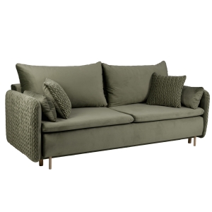 Sofa rozkładana MOONLA oliwkowa z poduchami 215x94 cm z plecionką na bokach