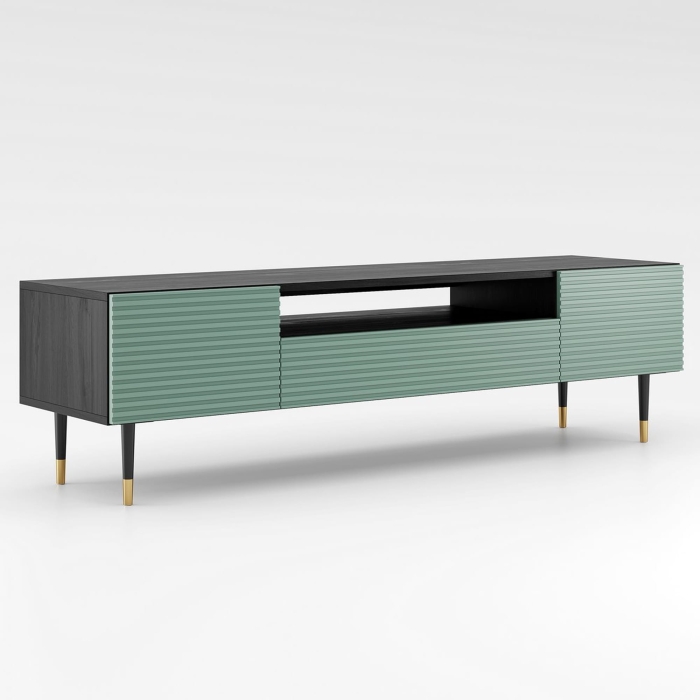 Komoda trzydrzwiowa 3drzwiowa RTV MIXTURIAL 160 ryflowane fronty pistacjowa zieleń złote nóżki.jpg