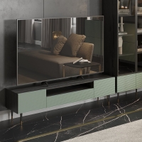 Komoda trzydrzwiowa 3drzwiowa RTV MIXTURIAL 160 ryflowane fronty pistacjowa zieleń złote nóżki aranżacja.jpg