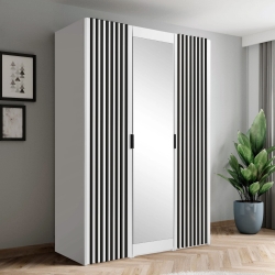 Szafa AGATA 1 trzydrzwiowa z lamelami i lustrem głęboka 150x210x58 cm biała, czarne lamele, uchwyty czarne (kompletna)