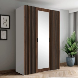 Szafa AGATA 1 trzydrzwiowa z lamelami i lustrem głęboka 150x210x58 cm orzechowa, czarne lamele, uchwyty czarne (kompletna) 