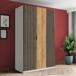 Szafa AGATA 14 trzydrzwiowa z lamelami i lustrami głęboka 125x210x58 cm dąb craft, czarne lamele uchwyty czarne, loft (kompletna)