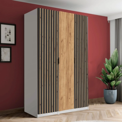 Szafa AGATA 14 trzydrzwiowa z lamelami i lustrami głęboka 125x210x58 cm dąb craft, czarne lamele uchwyty czarne, loft (kompletna)