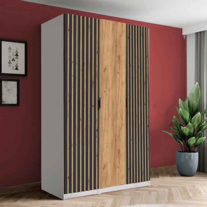 Szafa AGATA 14 trzydrzwiowa z lamelami i lustrami głęboka 125x210x58 cm dąb craft, czarne lamele uchwyty czarne, loft (kompletna)