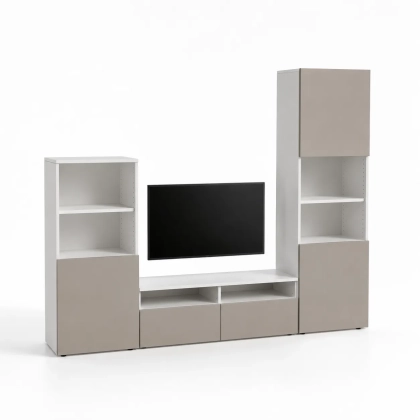 MODULARE zestaw RTV z dwoma słupkiami 190x240x40 biel alpejska/kaszmir bez uchwytów.webp