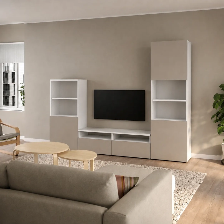 MODULARE zestaw RTV z dwoma słupkiami 190x240x40 biel alpejska/kaszmir bez uchwytów.webp