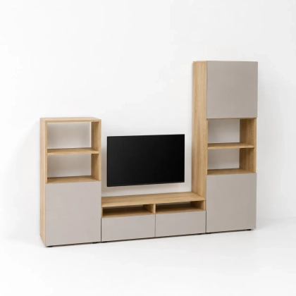MODULARE zestaw RTV z dwoma słupkiami 190x240x40 dąb cremona/kaszmir bez uchwytów.webp