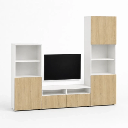 MODULARE zestaw RTV z dwoma słupkiami 190x240x40 biel alpejska/dąb cremona bez uchwytów.webp