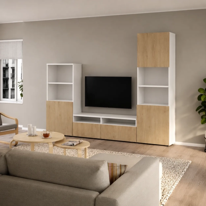MODULARE zestaw RTV z dwoma słupkiami 190x240x40 biel alpejska/dąb cremona bez uchwytów.webp