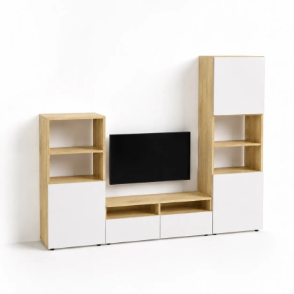 MODULARE zestaw RTV z dwoma słupkiami 190x240x40 dąb cremona/biel alpejska bez uchwytów.webp