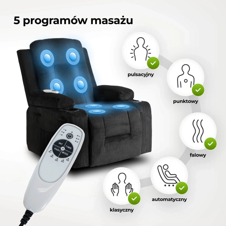 Fotel Masujący Rozkładany RELVANO, Czarny Sztruks - 04.webp