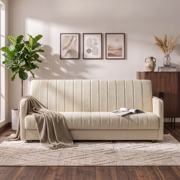 Sofa Rozkładana VENTARO, Jasnobeżowa Boucle - 02.webp