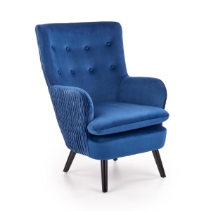 Fotel uszak pikowany welur wypoczynkowy granatowy z czarnymi nogami HLRAV