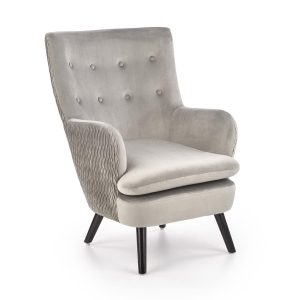 Fotel uszak pikowany welur wypoczynkowy szary z czarnymi nogami HLRAV