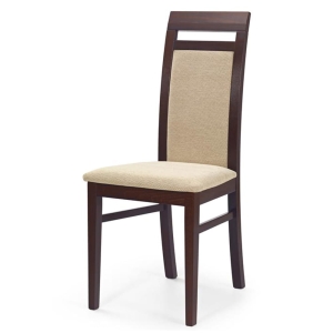 Krzesło do salonu tapicerowane beżowe drewniane ciemny orzech