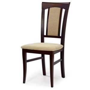 Krzesło do salonu drewniane tapicerowane beżowe ciemny orzech
