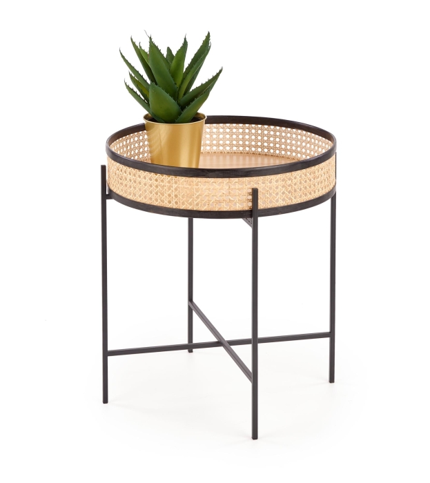 Stolik z metalowymi nóżkami czarny rattan naturalny 50cm LANIPA