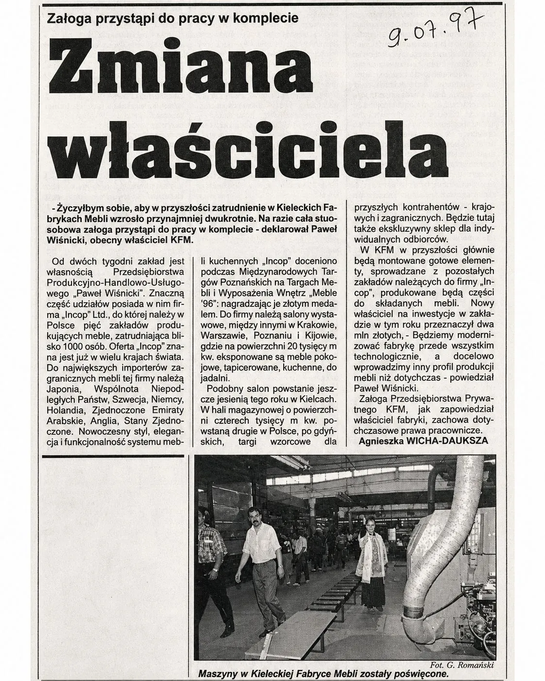 Artykuł prasowy o Kieleckiej Fabryce Mebli